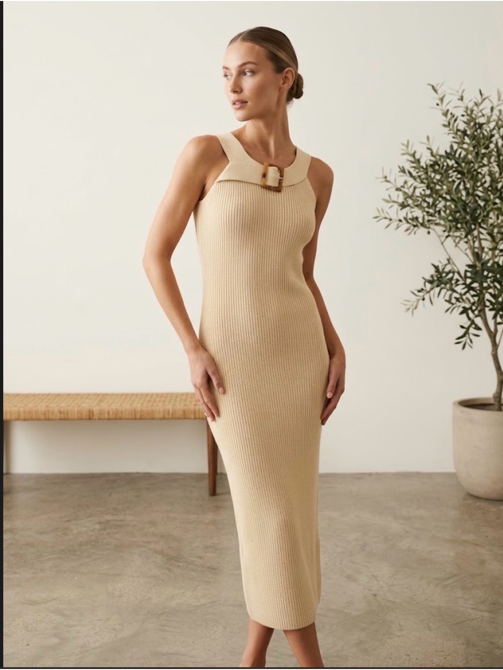 JLUX Label NWT Sleeveless Ribbed Knit Midi Dress with Buckle Neck - Beige